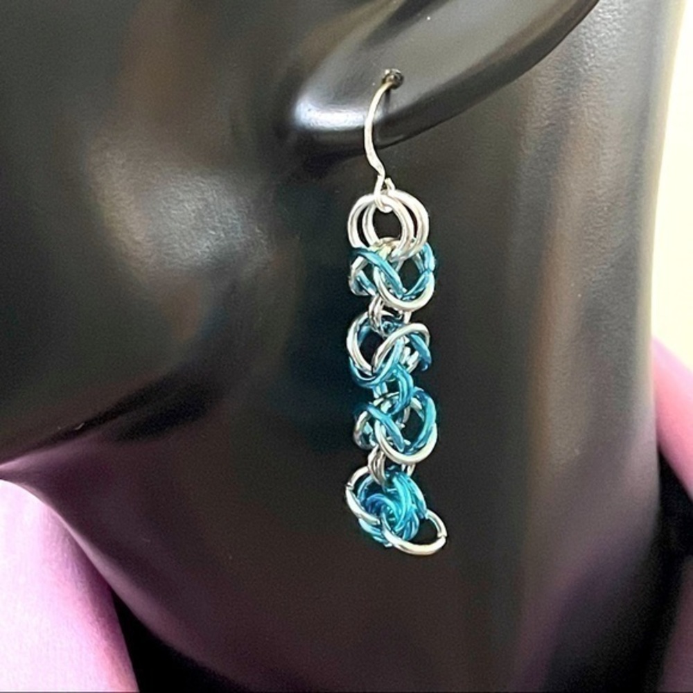 2/$49 Handmade Lightweight Chain Mail Earring Blue Metal Statement Jewelry